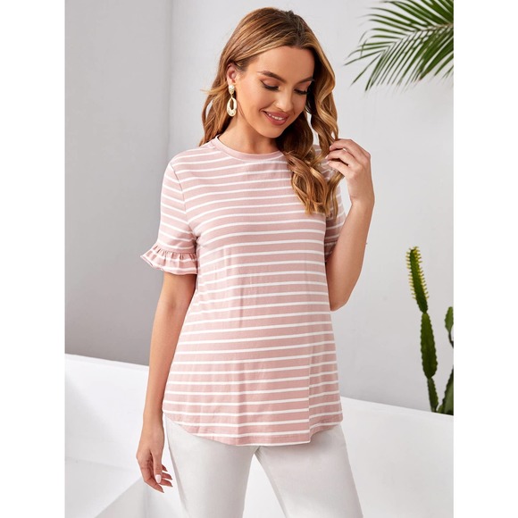 MATERNITY Flounce Short Sleeve Striped Tee shirt pink - Picture 1 of 5